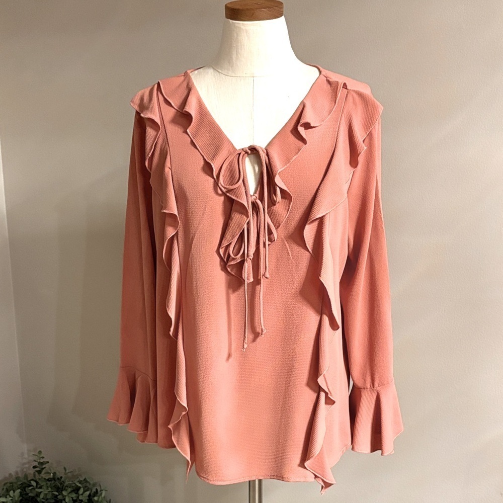 Pebble and Stone pink Ruffled Blouse V neck with 2 ties bell slv cuff textured L
